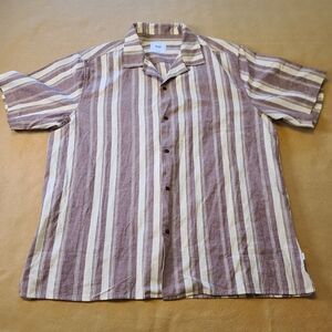 Katin Linen Blend Red & Cream Striped Short Sleeve Button Up Shirt Mens XL